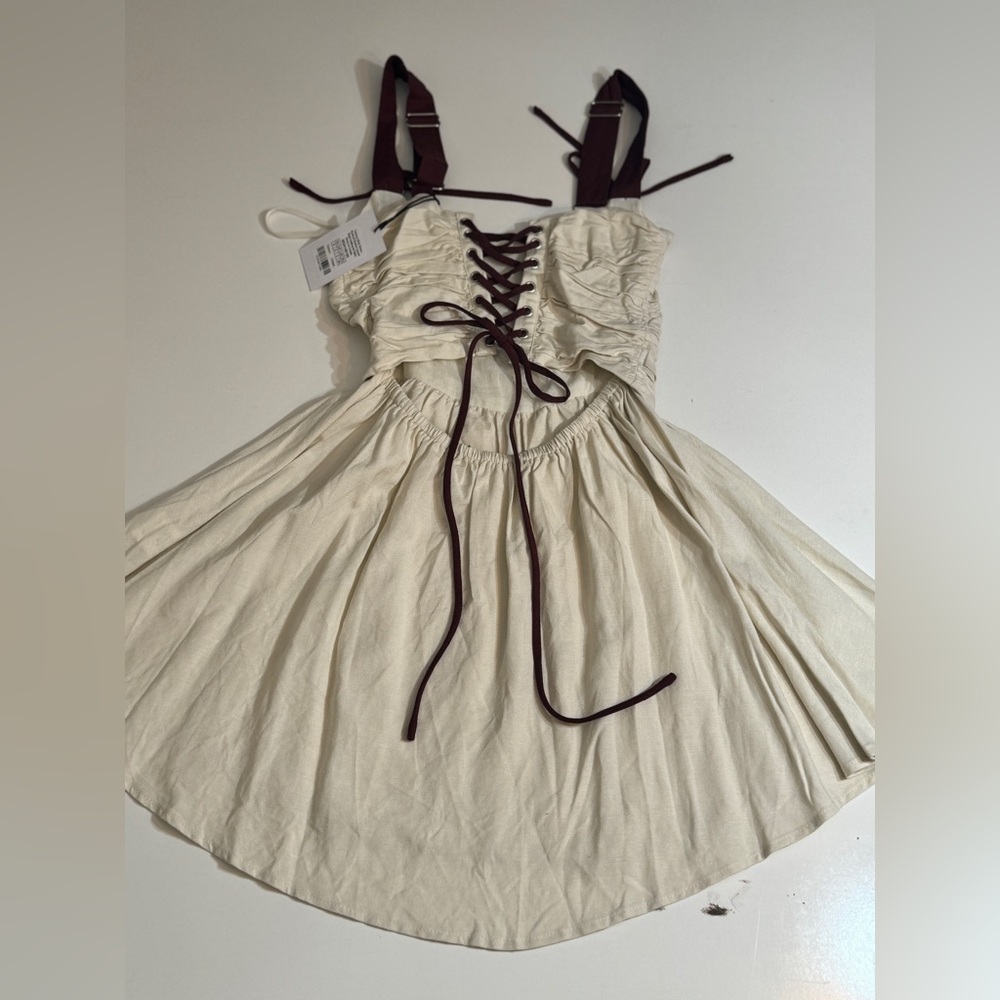 New with tags Cream Dress with corset top with Brown Lace-Up Detail 
Size 2 - Picture 3 of 4